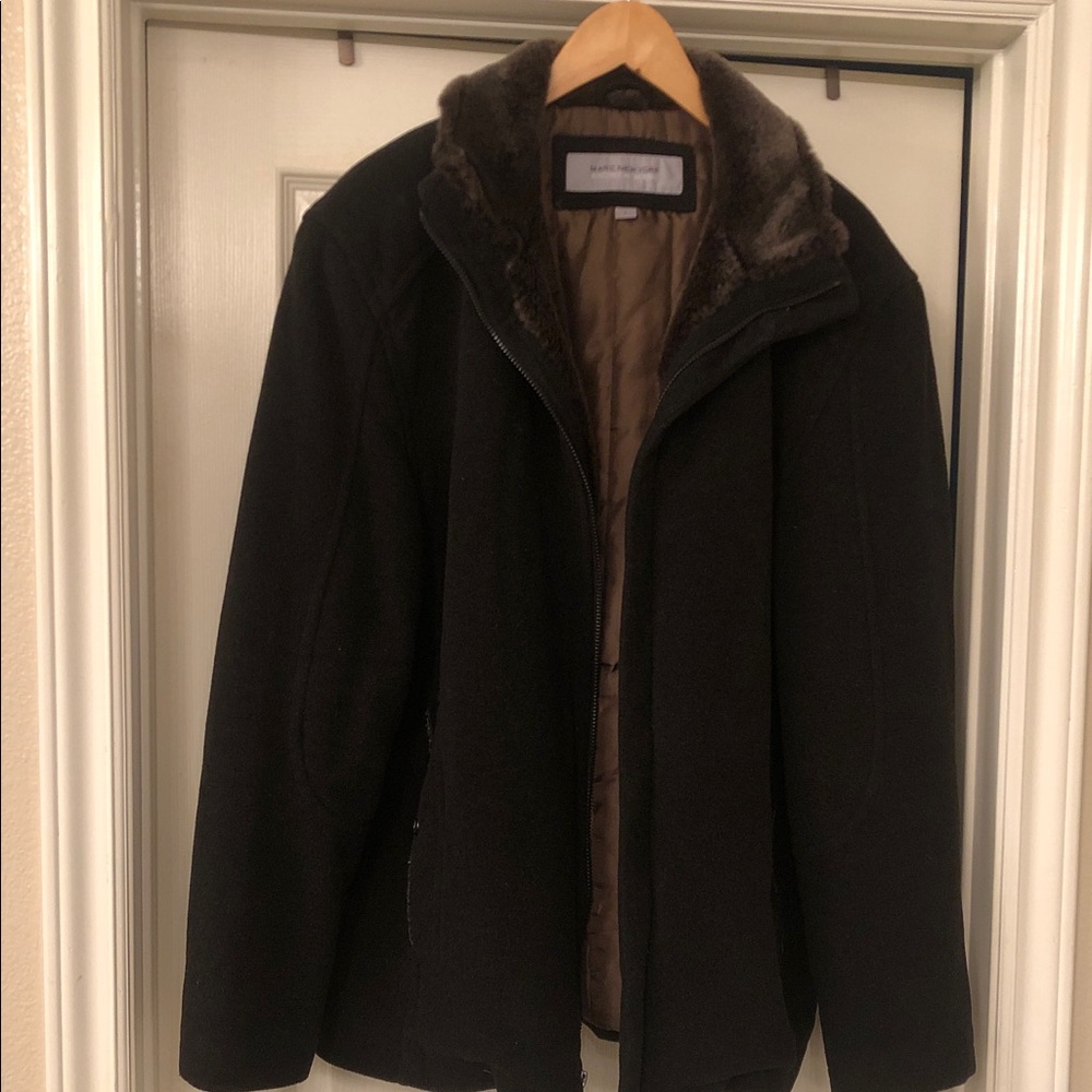 Andrew Marc Men's Black Wool Blend Coat with Faux Fur Collar